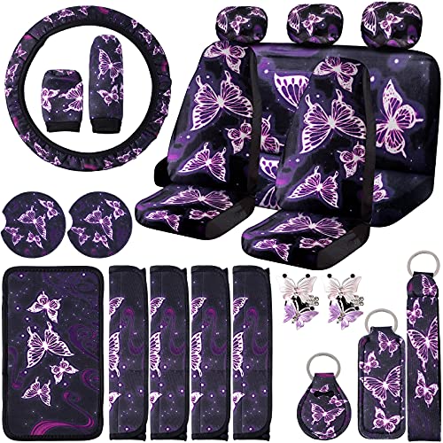 22 Pieces Butterfly Car Accessories Set, Center Console Armrest Pad Butterfly Car Seat Covers Steering Wheel Cover Headrest Seat Belt Cover Handbrake Gear Cover Keychain for Cars SUV Women(Purple)