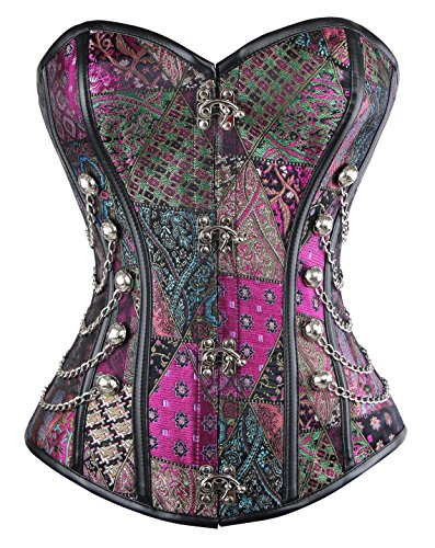 Charmian Women's Steampunk Gothic Spiral Steel Boned Brocade Waist Cincher Overbust Corset with Chains Purple Medium