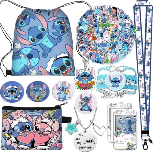 Stitch Merchandise Stuff Gift Set for Girls, Stitch Anime Drawstring Bag, Keychain Lanyard, Purse, Bracelets, Stickers, Button Pins, Necklace, ID Card Holder (Black B)