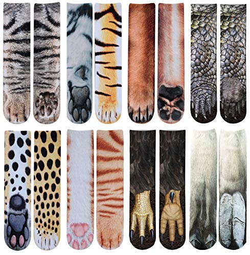 MarJunSep 8 Pairs Funny Socks Gifts for Adults Kids Teens Boys Girls Animal Paw Feet Socks Silly Novelty Crazy Crew Socks (35cm, Dinosaur Cat Tiger Leopard Eagle Dog Orange Cat Camel)