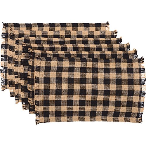VHC Brands Burlap Black Check Placemat Fringed Set of 6 12x18 Country Rustic Kitchen Tabletop Design, Black and Tan
