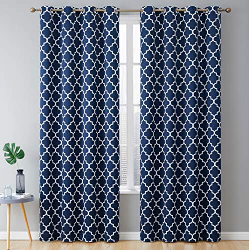 HLC.ME Lattice Print Design Bedroom Blackout Curtains - Thermal Heat Absorbing & Sunblock - Light Blocking Energy Smart Window Drapery Curtain Grommet Panels, Set of 2, 52 W x 84 L - Navy Blue