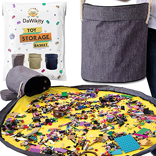 Toy Storage Basket and Play Mat - Building Bricks Toy Storage Organizer - Tidy with Ease - Toy Blocks Mat Storage Bag - Collapsible XL Kids Canvas Bag/Bin - Drawstring Playmat Boy/Girls-15'x14”(GREY)