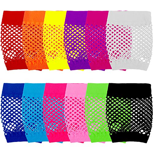 TecUnite 12 Pairs Fingerless Fishnet Neon Gloves for Women and Girls 80s Fishnet Gloves Short Net Mesh Fingerless Gloves Assorted Neon Colors 80s Party Costume Accessories Supplies