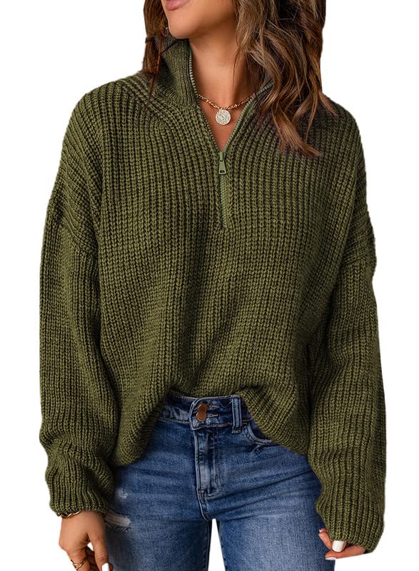 Dokotoo Green Sweaters for Women Long Sleeve Casual Waffle Knit Tops for Women Fashion 2023 1/4 Zip Pullover Chunky Sweaters Warm Cozy Fall Winter Outfits Clothes Medium