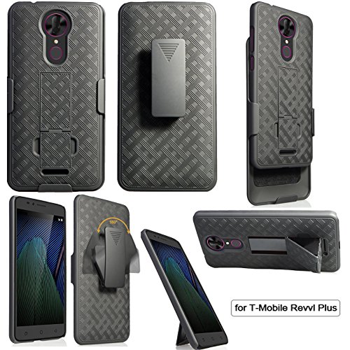 for Coolpad (T-Mobile) REVVL Plus 6.0'/ 3701A Slim Swivel Belt Clip Holster Protective Defender Lite Case + Combo Shell (Black)