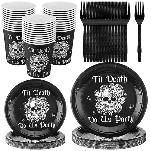 Sliner 96 Pcs Til Death Do Us Party Supplies Gothic Bachelorette Bridal Shower Disposable Tableware Set Includes 24 Paper 9'' Plates 24 Paper 7'' Plates 24 Paper Cups 24 Plastic Forks, Serve 24 Guests