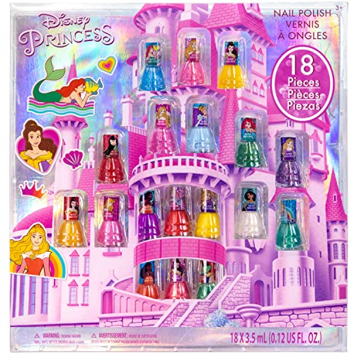 Townley Girl Disney Princess Castlebox Non-Toxic Peel-Off Water-Based Natural Safe Quick Dry Nail Polish | Gift Kit Set for Kids Girls, First Princess | Opaque Colors, Ages 3+ (18 Pcs)
