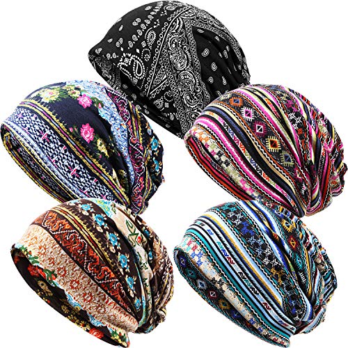 5 Pieces Women's Slouchy Beanie Hat Stretch Turban Hats Cancer Headwear Caps Baggy Skull Sleep Scarf (Striped Style)