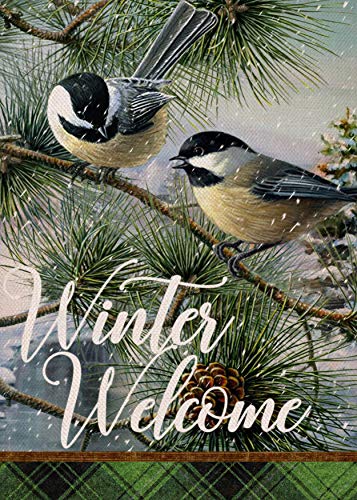 Covido Home Decorative Winter Welcome Chickadee Garden Flag, House Yard Birds Pine Tree Branches Pinecone Green Buffalo Plaid Check, Farmhouse Outside Decoration Outdoor Small Decor Double Sided 12x18