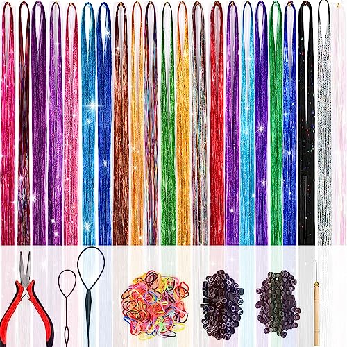 22 Colors 4400 Strands Hair Tinsel Strands Kit 47 Inches Sparkling Party Tinsel Hair Extensions Highlights Multi-Colors Synthetic Hair Streak Bling（22 color/set）