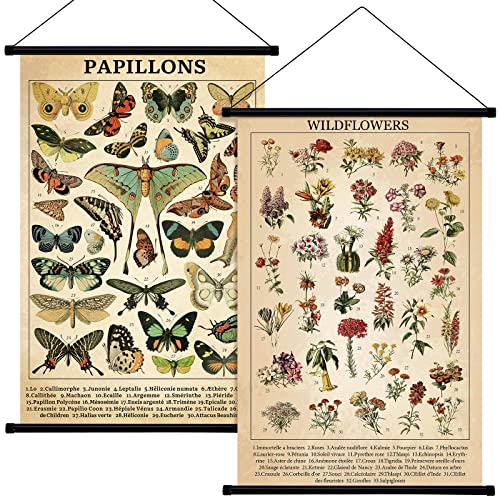 2 Pcs Vintage Butterfly Flower Poster Fungus Art Prints Rustic Wall Hanging Illustrative Reference Chart Poster for Living Room Office Classroom Bedroom Decor Frame, 15.35 x 23.62 Inches (Butterfly)