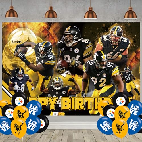 Steelers of Pittsburgh Football Birthday Party Supplies, 1 Happy Birthday Backdrop,18 Ballons Football Party Decorations, Birthday Banner Decor Photo Background for Girls Boys Kids