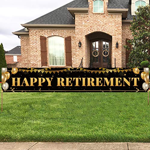 ANATANOWOR Large Happy Retirement Decoration Banner, Black and Gold Happy Retirement Banner Sign, Retirement Party Decorations Supplies(9.8x1.6ft)