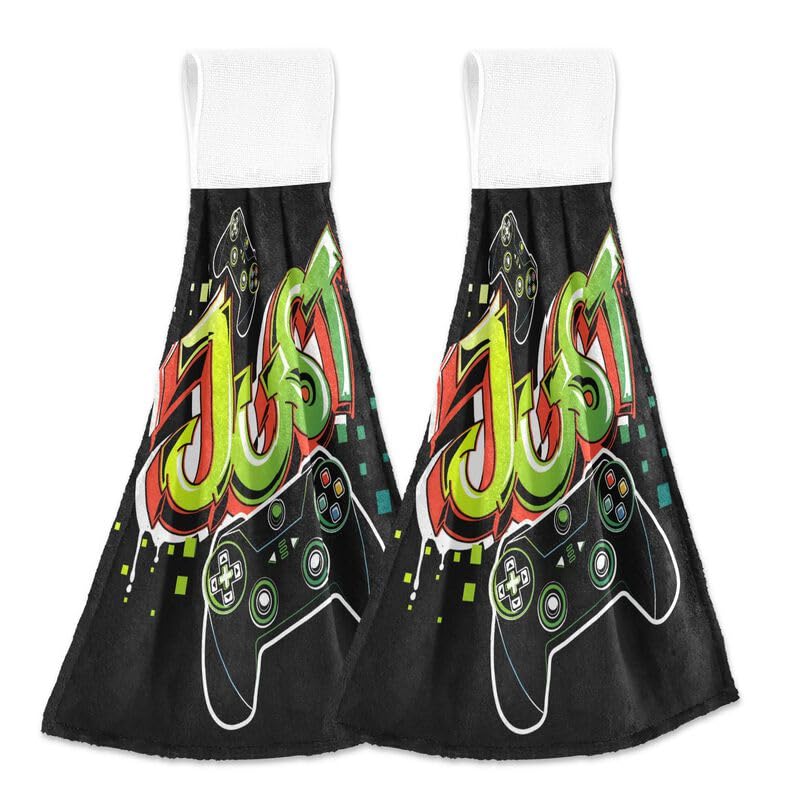 KOCOART Cool Game Joystick Hanging Kitchen Towels Retro Gamepad Controller Hand Towel with Loop 2 Pack Soft Tea Bar Dish Cloth Dry Towel Super Absorbent Fingertip Towel for Bathroom Laundry Room