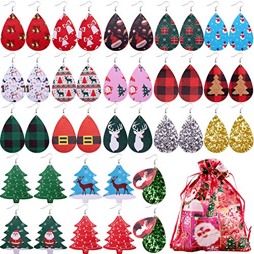 Duufin 20 Pairs Christmas Earrings Faux Leather Earrings Set Teardrop Glitter Xmas Tree Leather Earrings Bulk for Teens Girls Women