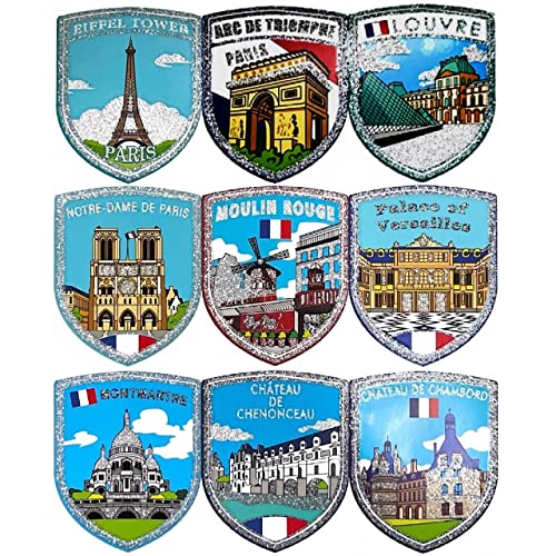 A-ONE French Historical Buldings Spun Silver Gift Labels 9 PCS+EU Logo Backpack Army Badge Patch 1 PC, France Souvenir Decals Stickers for Guitar, Holiday Travel Gift SS3+NO.086