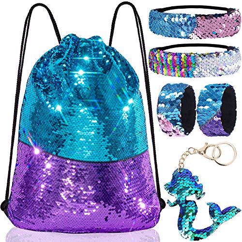 Mermaid Reversible Sequin Drawstring Backpack/Bag Blue/Purple for Kids Girls One_Size