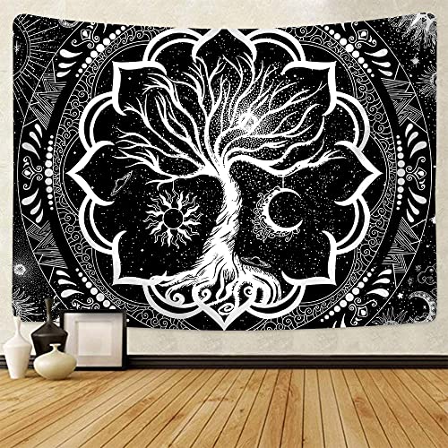 ARTHMOM Tree of Life Tapestry for Bedroom Aesthetic,Black and White Boho Wall Tapestry, Sun and Moon Trippy tapestry with Galaxy Space(59x51 inches)