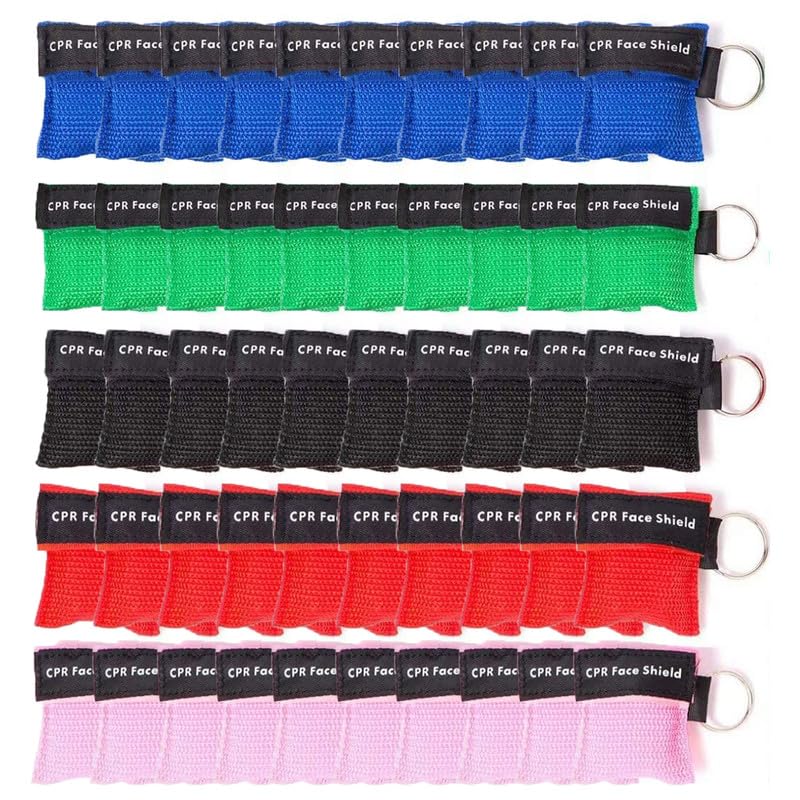 ifory 50 Packs CPR Pocket Mask Keychain, CPR Face Shield with One Way Valve Breathing Barrier for First Aid or ADE Training