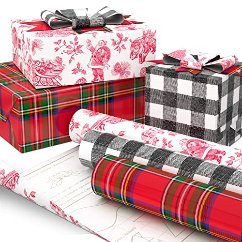 Hallmark Holiday Plaid Wrapping Paper with Cutlines and Optional DIY Bow Templates on Reverse (3 Rolls: 120 Sq. Ft. Ttl) Red Toile, Black and White Buffalo Check, Christmas Plaid