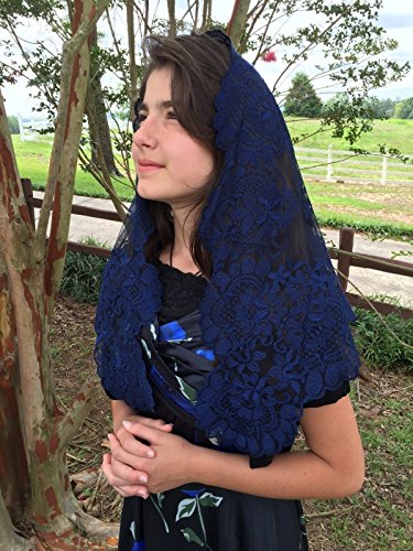 Navy Blue veil lace mantilla Catholic church chapel Mass - Large