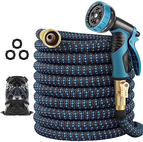 75 ft Expandable Garden Hose - Flexible Water Hose with 10 Spray Nozzle - Car Wash Hose with 3/4' Solid Brass Connector - Flexible Expanding Hose with 10 Pattern Spray Nozzle