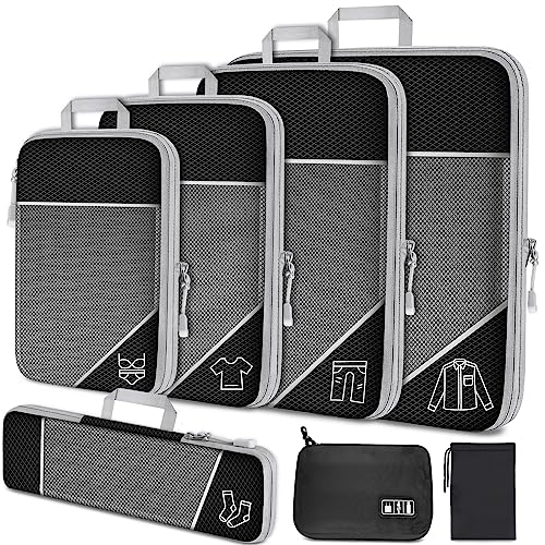 NiHome 7PCS Compression Packing Cube Set Expandable Mesh Travel Bag Luggage Organizers with Electronic Cable Cord Charger Organizer Drawstring Bag for Trip Home Storage Travel Gear Accessories (Black)