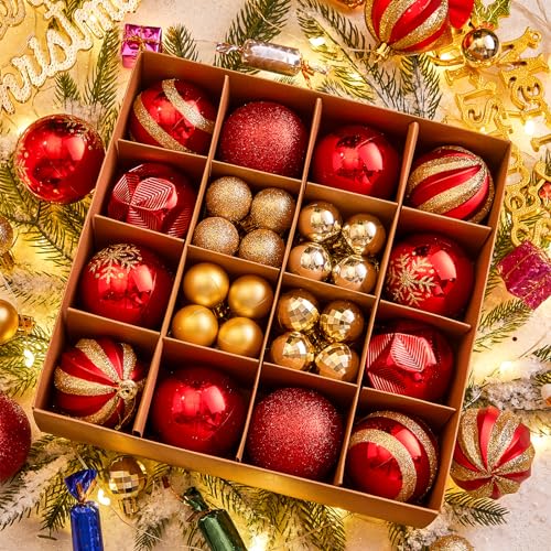 44PCS Christmas Balls Ornaments Set : 2024 Shatterproof Hanging Christmas Ball Red and Gold Decorations Gifts for Xmas Tree Holiday Wedding Home Party Indoor Outdoor 10 Style