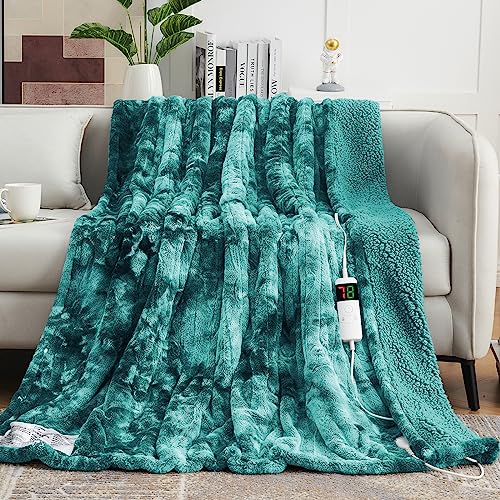 OCTROT Heated Electric Throw Blanket (50''*60' Green), Faux Fur Sherpa Heating Blanket, Thick Soft Warming Plush Electric Lap Blanket Sherpa for Adults with 5-Position Timer &10 Heating Levels
