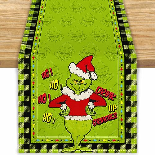 FARMNALL Linen Green Christmas Table Runner Merry Grinchmas Tablecloth Christmas Xmas Winter Holiday Home Kitchen Table Decorations 13x72 Inch