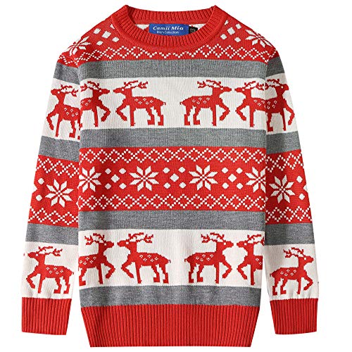 Camii Mia Big Boys' Reindeer Pullover Snowflake Crewneck Ugly Christmas Sweater (Medium, Red Grey)