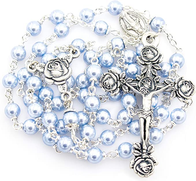 CB Catholic Silver Swarovski Pearls Light Blue Beads Rosary Necklace with Rose Detailed 2' L Crucifix Pendant (Italian Made)