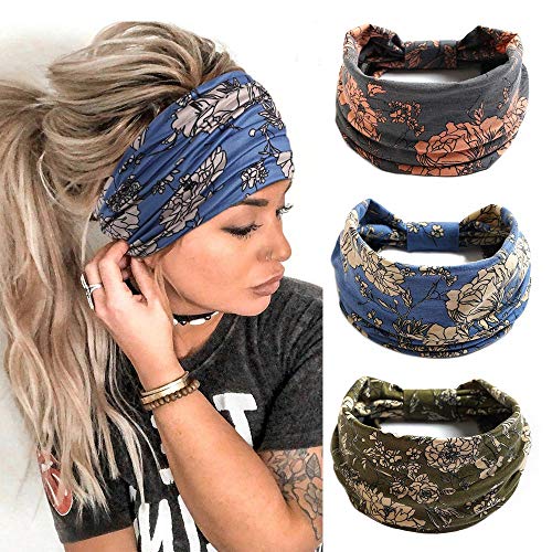 GORTIN Boho Leopard Knoted Turban Headband Stretch Twist Head Wraps Stripe Cloth Head Bands for Women and Girls 3 Pcs (Casual)