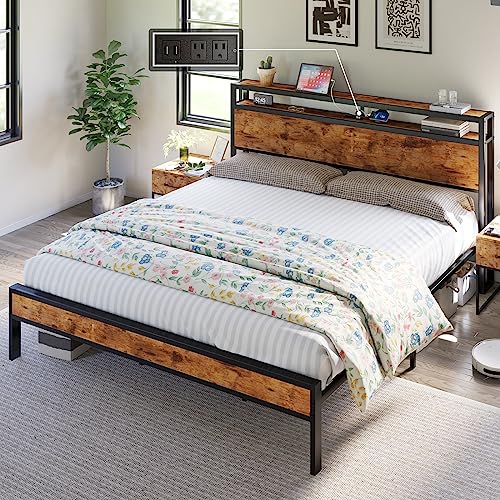 AMERLIFE King Size Bed Frame Industrial Platform Bed with Charging Station, 2-Tier Storage Headboard/No Box Spring Needed/Noise-Free/Dark Brown