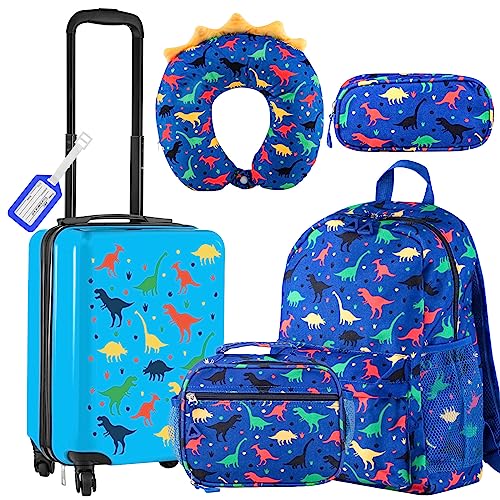 Redbaker 6 Pcs Kids Luggage Set 18 Inch Kids Rolling Luggage Gift for Christmas Kids Suitcase for Girls Boys Kids Suitcase(Dark Blue, Dinosaur Style)