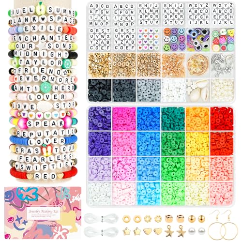 Velavior Clay Beads Bracelet Making Kit, 28 Colors Friendship Bracelets Polymer Heishi Beads Jewelry Making Kits with Charms Strings Crafts Gifts Toys Set for Kids Teen Girls