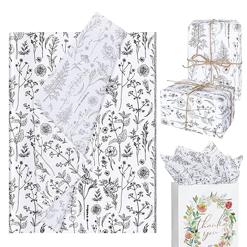 AnyDesign 100 Sheet Vintage Wildflower Tissue Paper Black and White Floral Gift Wrapping Paper Botanical Decorative Tissue Paper for Gift Wrapping Birthday Baby Shower Wedding Favor, 13.8 x 19.7 Inch
