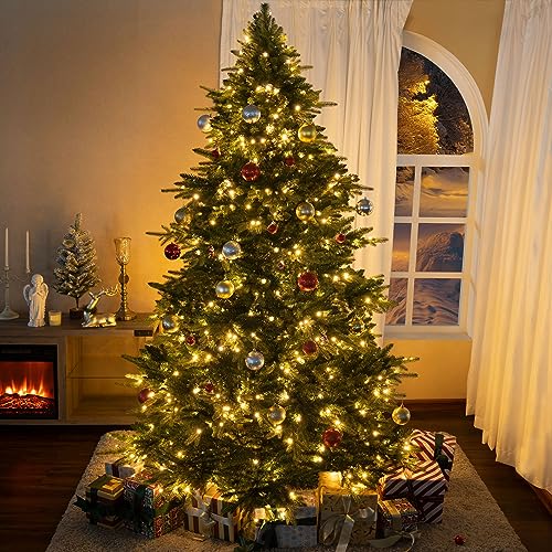 Cynthia 6.5ft Prelit Aritificial Christmas Tree with 2595 Branch Tips, 600 Warm Lights and Metal Stand, 54' Wide Realistic Rustic Christmas Tree with Lights by Naomi Home