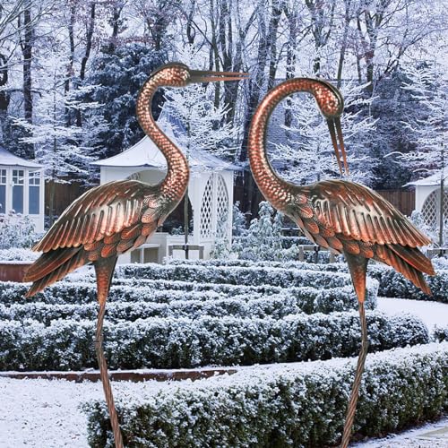 Kircust Crane Garden Sculptures & Statues Heron Decoy Large Size Metal Birds Yard Art Standing Vintage Brass Heron Lawn Ornament Outdoor Decorations 37 Inches Set of 2