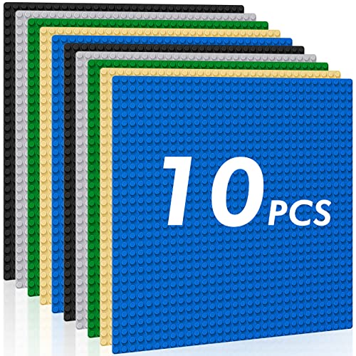 Pokiiulk Classic Baseplates Building Plates-Pack of 10 Large 10' x 10' Building Bricks, Compatible with All Major Brands and Activity Table, Perfect STEM Gift for Builders Age 3+ (Multicolored)