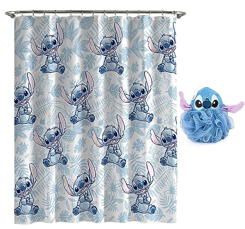 Disney Lilo & Stitch 2 Piece Bathroom Set – White & Blue Floral Shower Curtain & Loofah Body Scrubber
