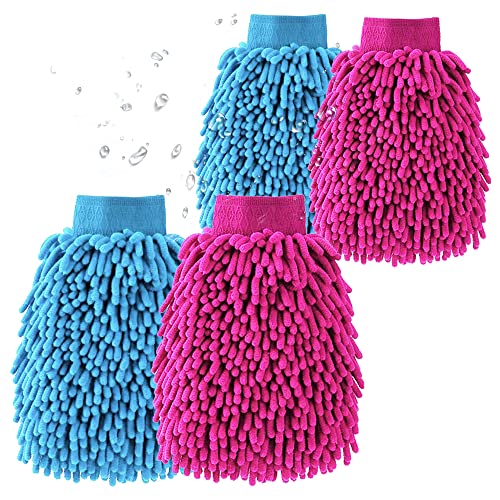 CoralHouse Car Cleaning,Car Wash Mitt Microfiber-4PK, Scratch & Lint Free, Premium Chenille Microfiber Wash Mitt-Blue and Red