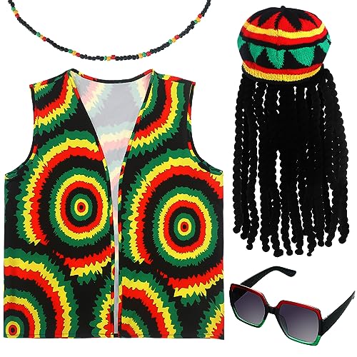 4 Pcs Jamaican Costume Accessories Rasta Hat with Black Dreadlocks Long Hair Reggae Hat Wigs Suit Vest Beads Necklace Jamaican Necklace Square Sunglasses Rasta Clothing for Men Women Halloween