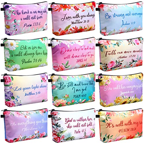 12 Styles Inspirational Bible Verse Make up Christmas Gifts for Women Pouch Toiletry Bag Gifts Cosmetic Zippered Travel with Christian Flower Patterns Reusable Bulk Organizer, 7.48 x 4.72 Inch