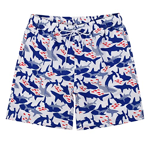 MADHERO Mens Swim Trunk Funny Pattern Bathing Suit with Mesh Lining Swimming Shorts Shark and Red Fish Size S