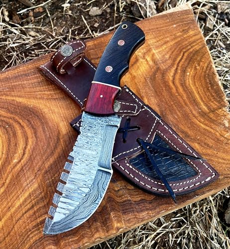 Handmade Tracker Knife Damascus Knife for Hunting Camping - 10 Inch Damascus Steel Hunting Tracker Knife with Horizontal Carry Sheath - Fixed Blade Survival tactical full tang Bushcraft Knife (Wenge & Padauk)