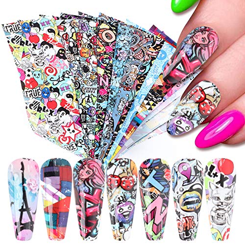 Nail Art Stickers Nail Foils Starry Sky Foil Transfer Nail Art Decals Snake Skin Flowers, Lips, Heart, Letters Nail Art Design for Women Girls Manicure Decor Acrylic Nails Supplies (10 Sheets)