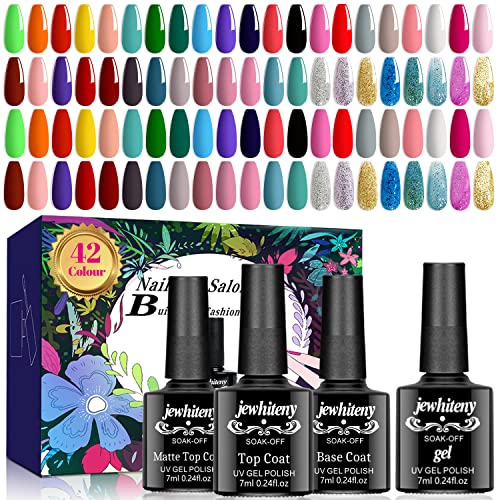 JEWHITENY 45 PCS Gel Nail Kit with 42 Colors Nail Polish Set Green Blue Red Pink Collection Gifts for Women