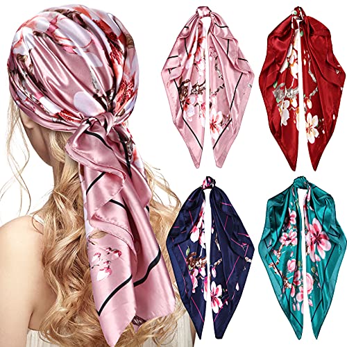 Honoson 4 Pieces 35 Inch Satin Head Scarves Large Square Silky Feeling Headband Satin Boho Hair Bandanas for Women Girls (Classic Series)